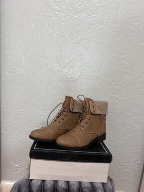 Qupid Women's Ankle Leather Boots Combat Shoes Quilted Taupe Brown